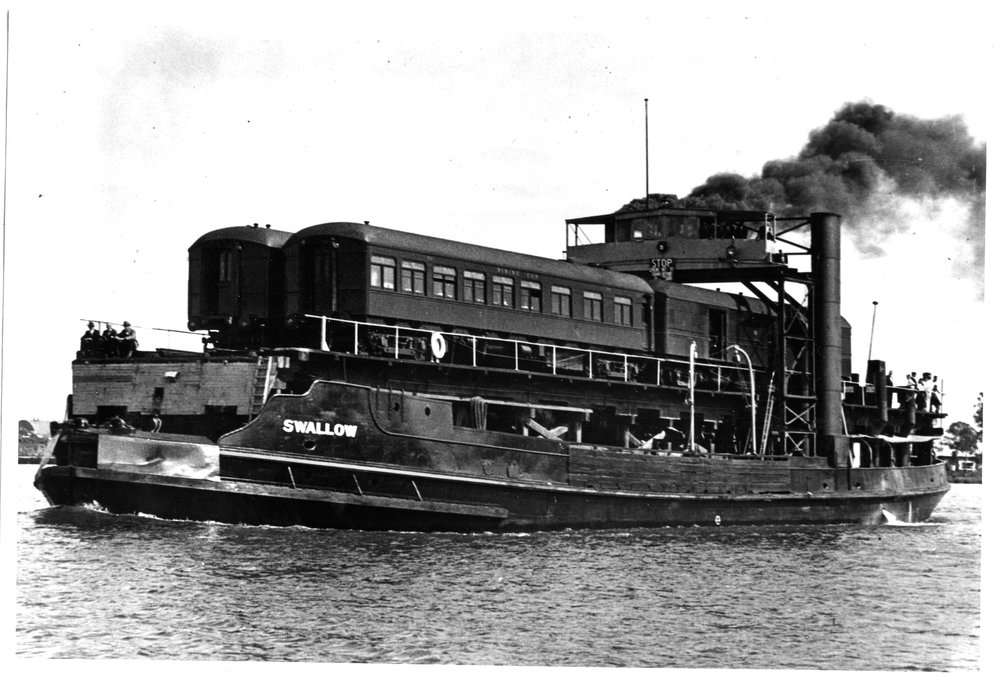 PASSENGER CARS CROSSING CLARENCE RIVER ON TRAIN FERRY SWALLOW, GRAFTON, NSW, [N.D.]