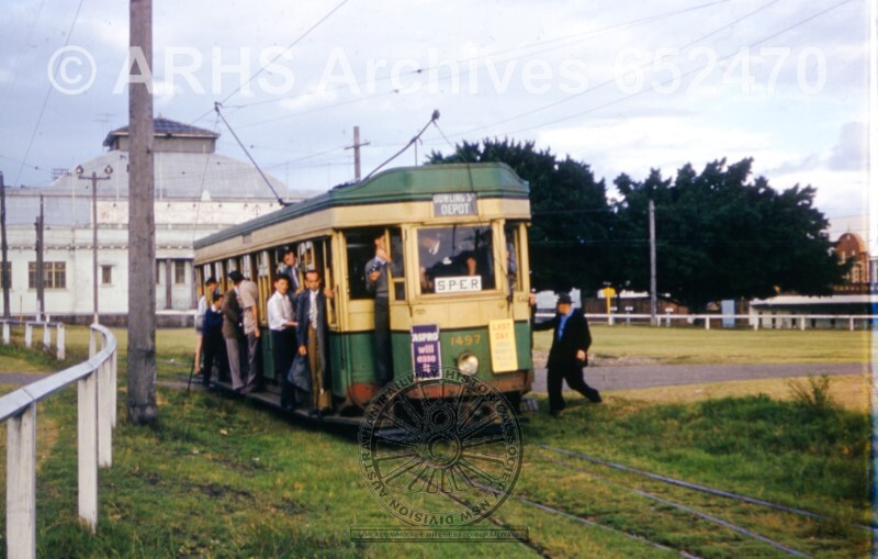 THREE-QUARTER-VIEW P-CLASS TRAM 1497 SPER TOUR, SHOWGROUND, NSW, 27 FEBRUARY 1960