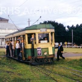 THREE-QUARTER-VIEW P-CLASS TRAM 1497 SPER TOUR, SHOWGROUND, NSW, 27 FEBRUARY 1960