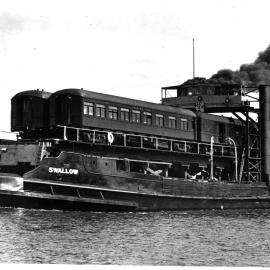 PASSENGER CARS CROSSING CLARENCE RIVER ON TRAIN FERRY SWALLOW, GRAFTON, NSW, [N.D.]